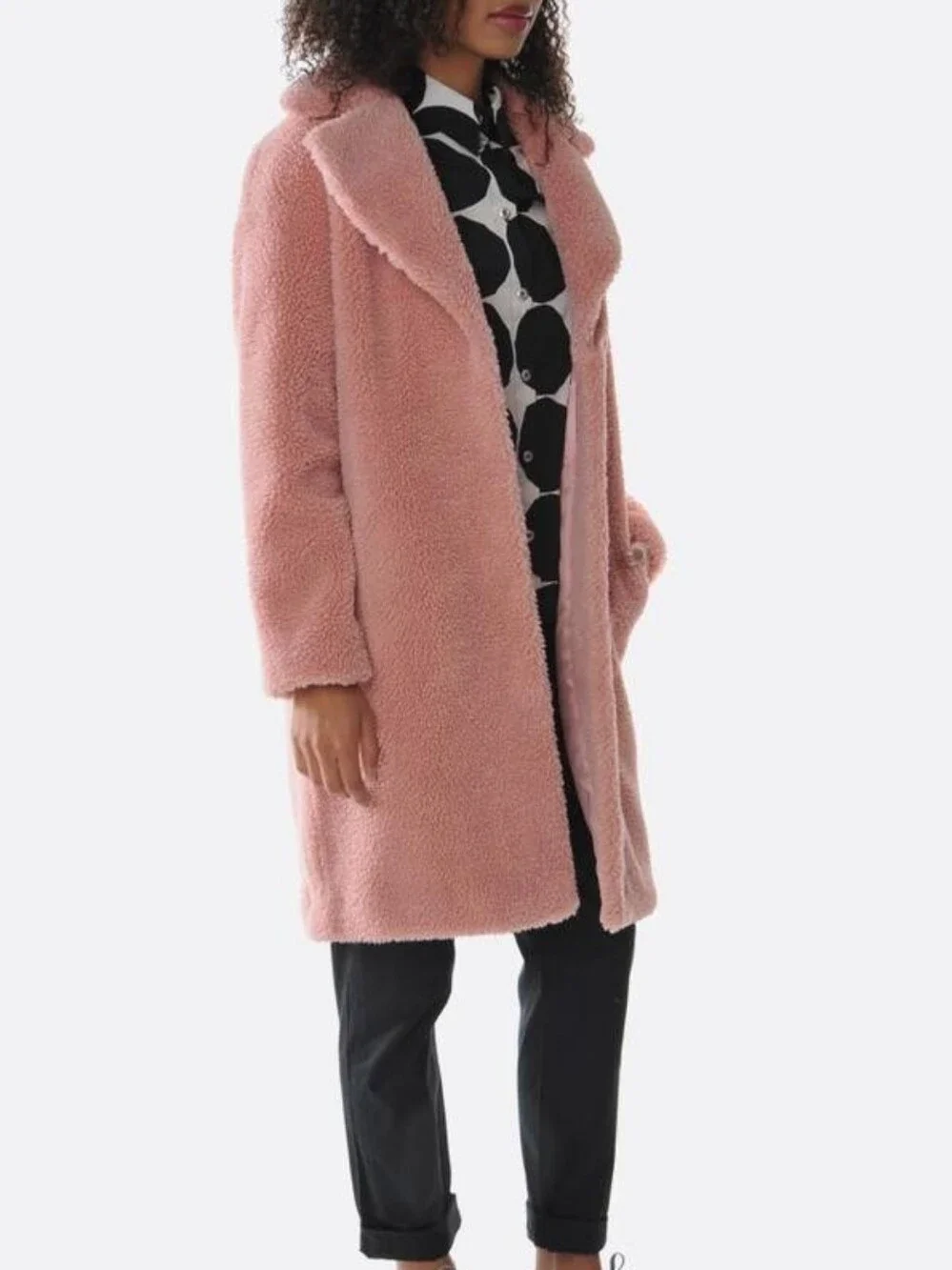 STAND STUDIO Camille Cocoon Teddy Coat Light Pink Faux Fur Designer Quiet Luxury